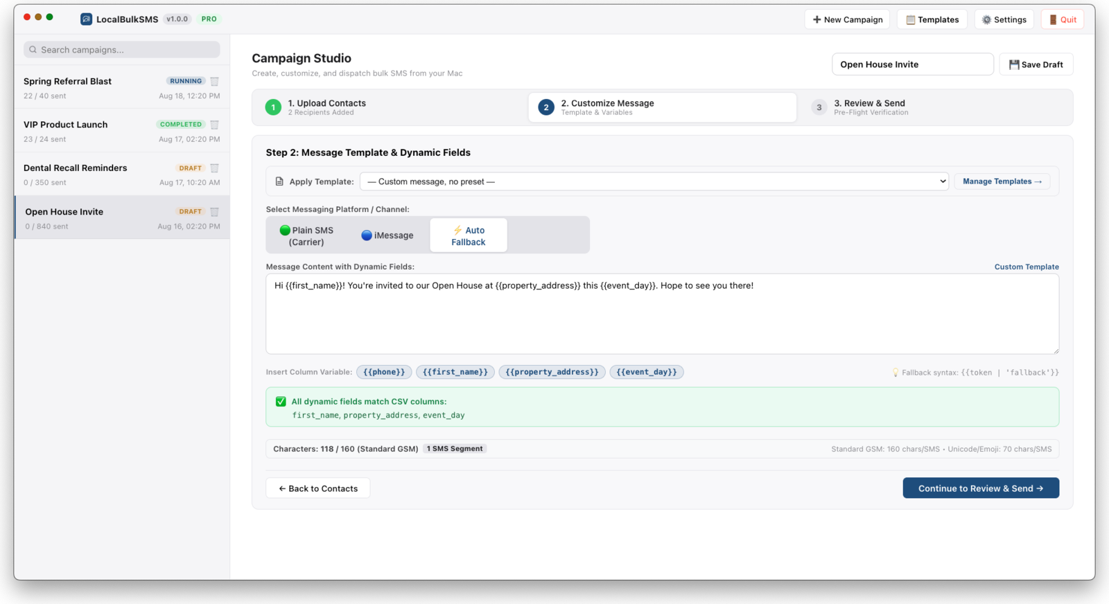 LocalBulkSMS Step 2: Message Template with dynamic {{token}} fields