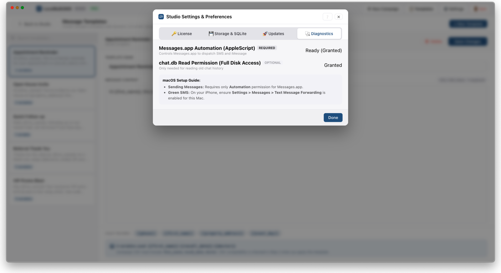 LocalBulkSMS Settings Diagnostics tab showing macOS permission status