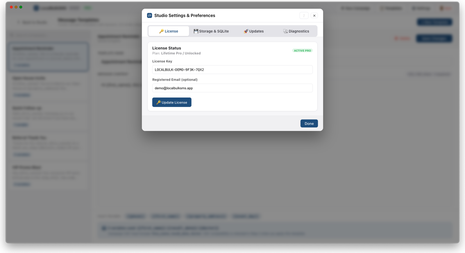 LocalBulkSMS Settings License tab showing Lifetime Pro active