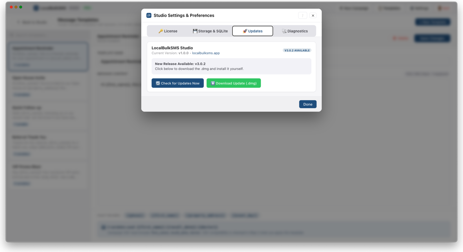 LocalBulkSMS Settings Updates tab checking for new releases