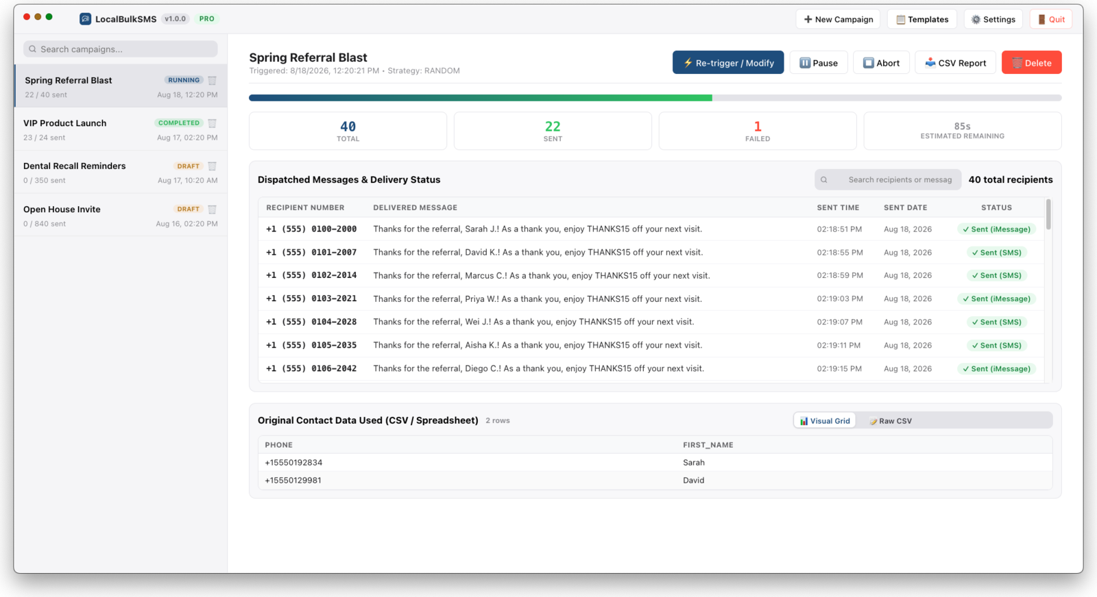 LocalBulkSMS live campaign send with real-time progress bar
