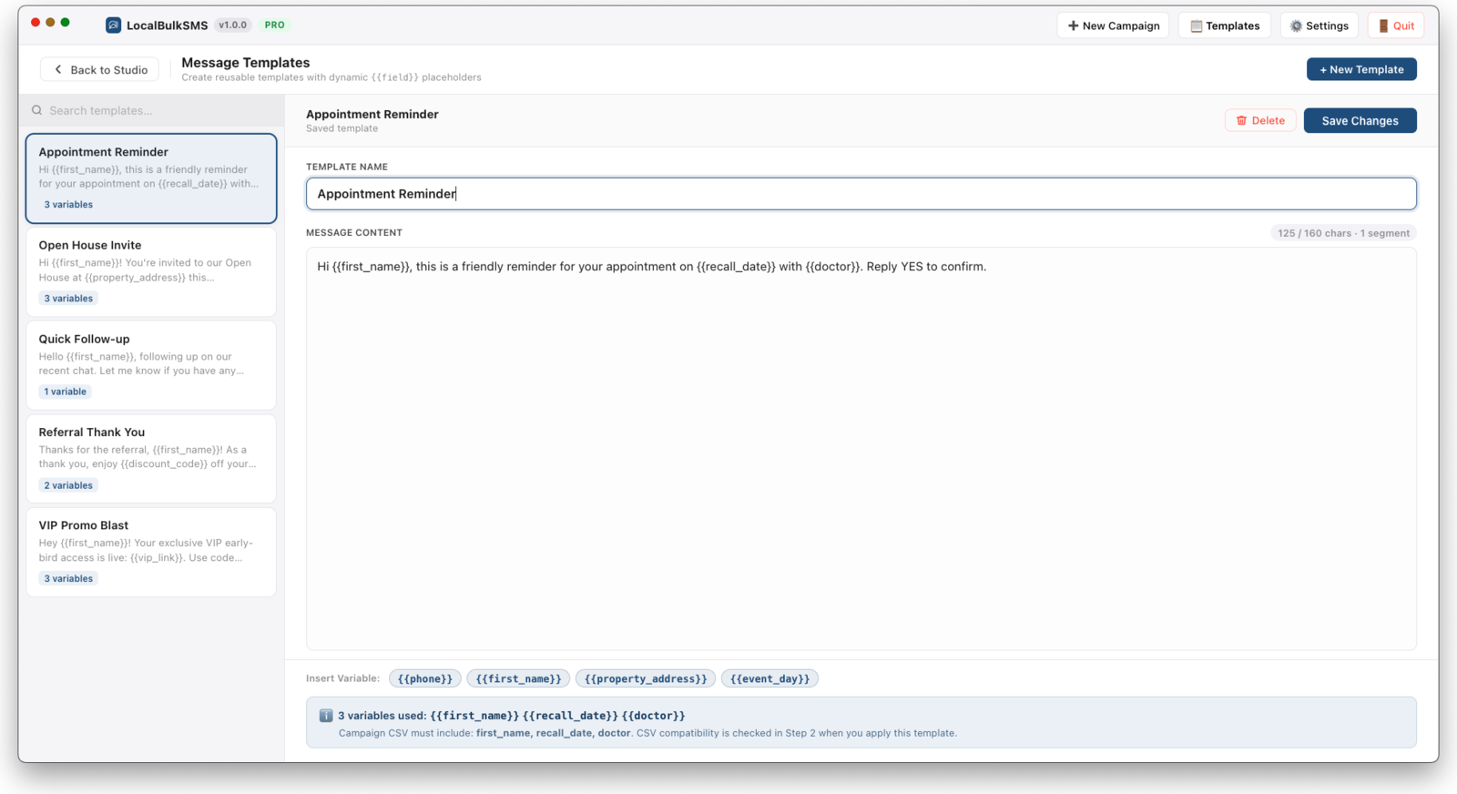 LocalBulkSMS reusable message template library