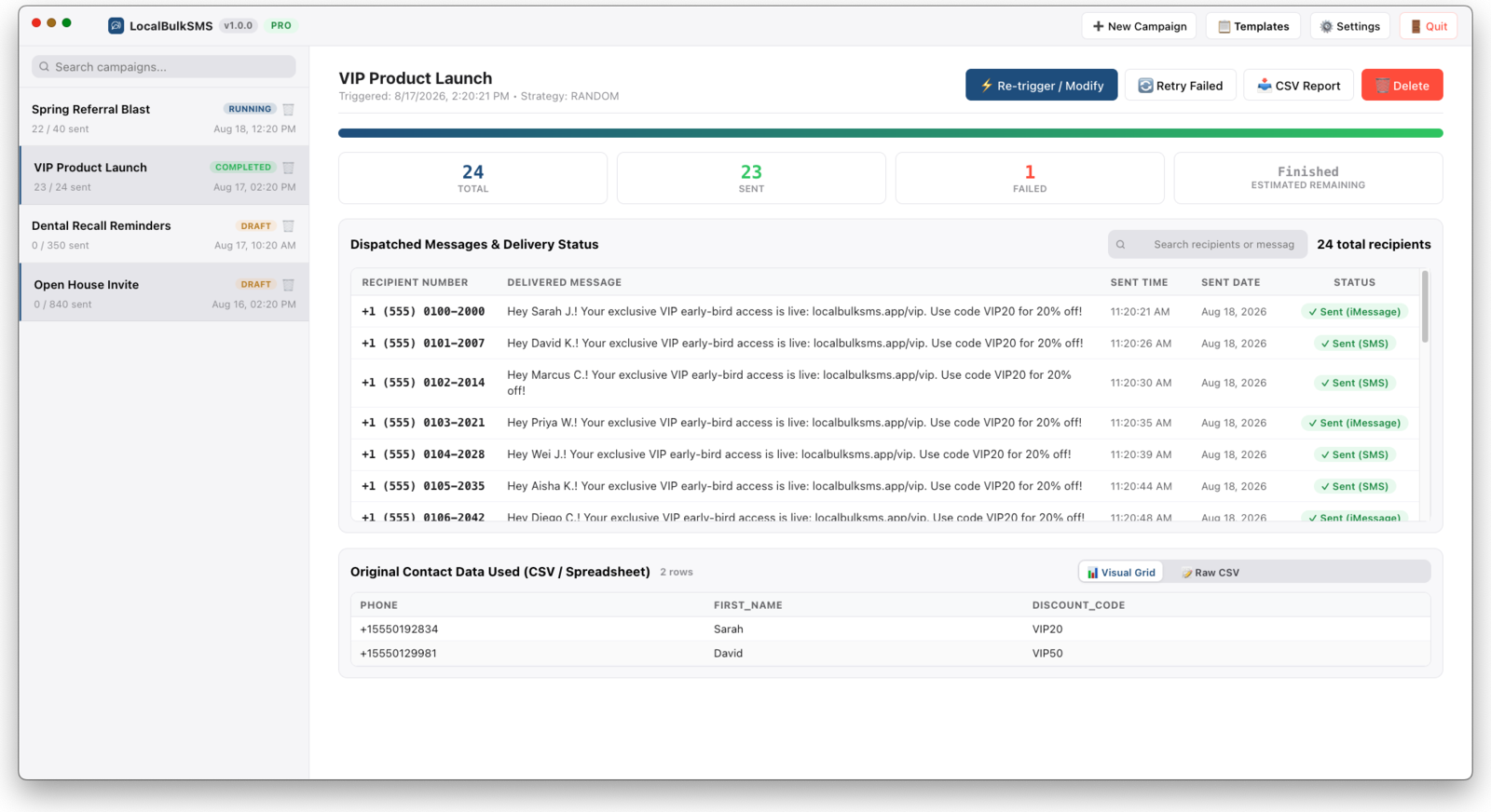 LocalBulkSMS completed campaign with full delivery report table